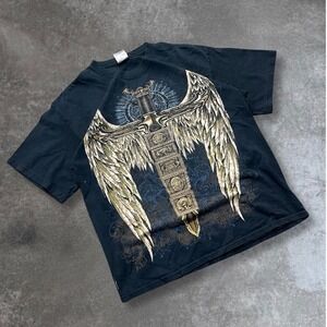 Gildan Men's Black Graphic T Shirt Angel Wings Sword Cross Print Size Large